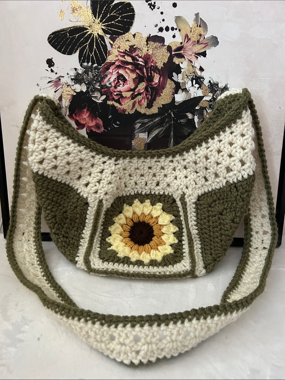 Handmade Crochet Sunflower Bag - Green and Cream